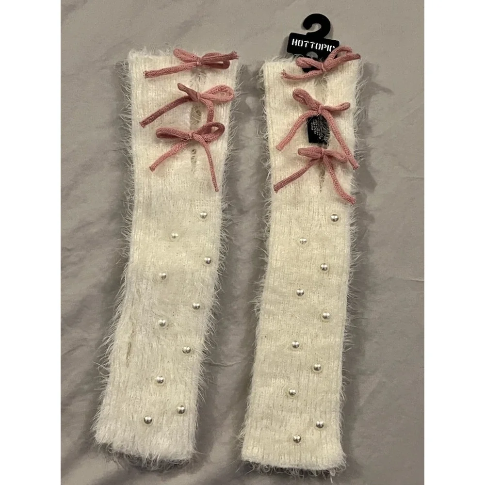 Hot Topic White Ivory Fuzzy Arm Warmers Faux Pearl Pink Ribbon Bow Coquette Ball